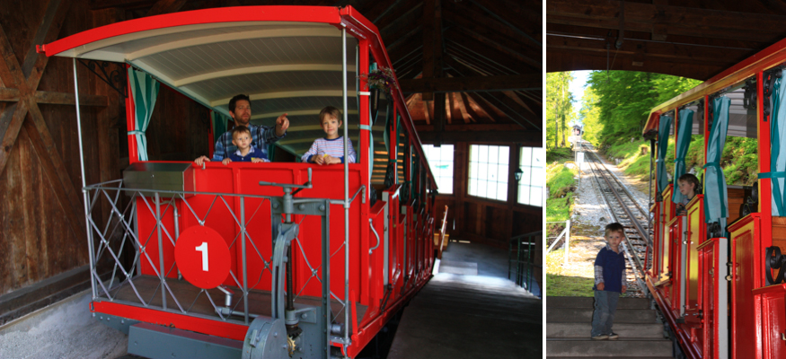 family riding red Giessbach funicular car