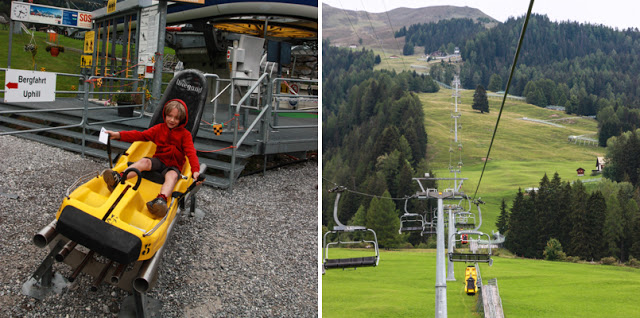 child riding mountain coaster at Churwalden Pradaschier Switzerland
