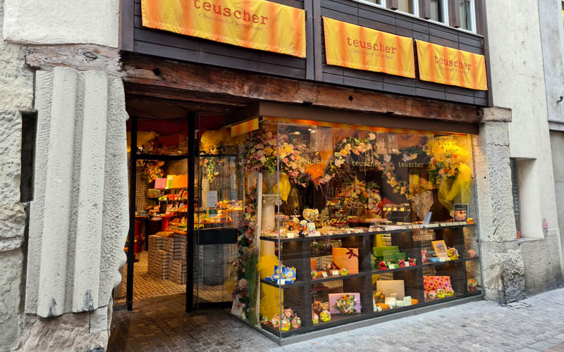 storefront for Teuscher chocolate shop in Zurich Switzerland