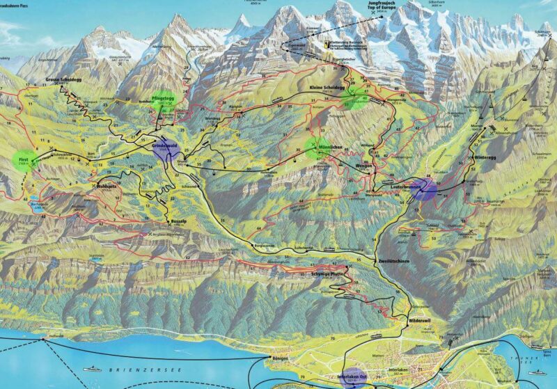 map of Jungfrau Region with hiking areas highlighted