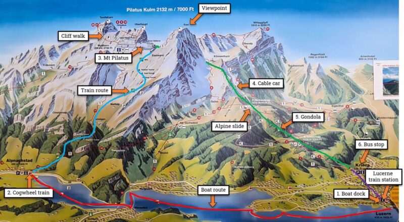 Map of Mt Pilatus and Lake Lucerne showing the Golden Round Trip route with labels